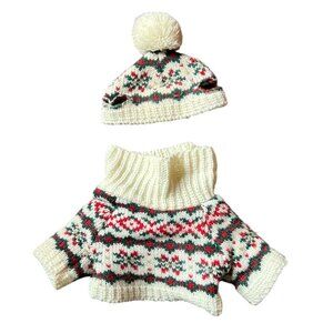 Stuffed Bear Outfit: Red, Green & Warm White Turtleneck Sweater & Tossel Cap